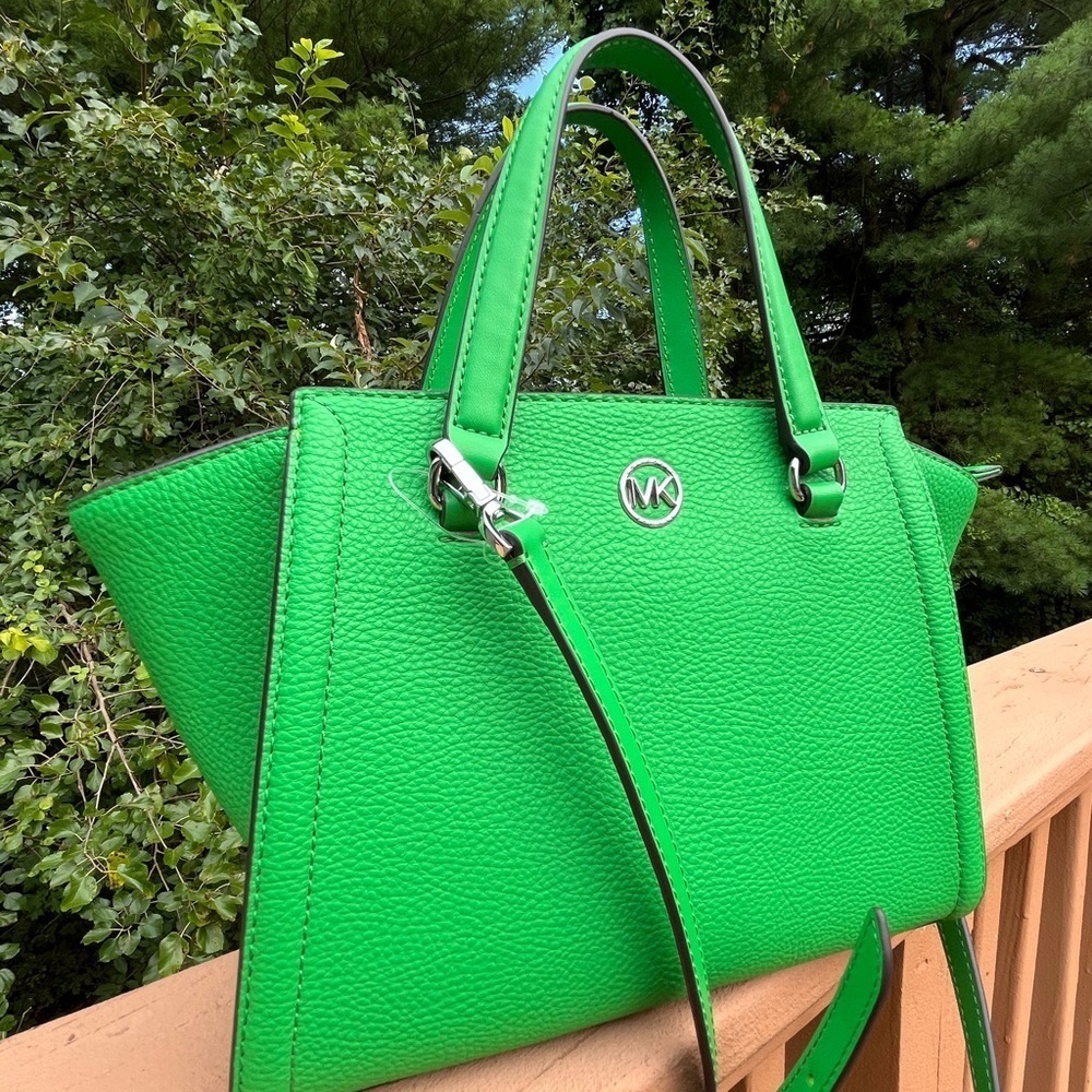 Michael Kors Freya Green Pebbled Leather Satchel Tote Crossbody Bag NWT - Picture 3 of 7
